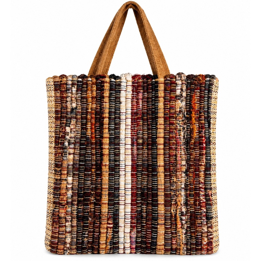 Boho Multicolor Woven Rag Rug Tote Bag Brown Handles Artisan Style